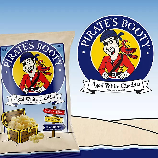 Pirate’s Booty aged white cheddar cheese puffs with logo and product branding in beach scene.