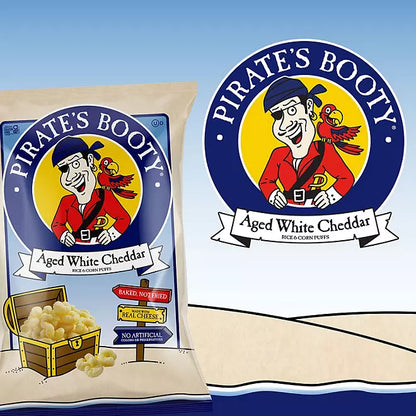 Pirate’s Booty aged white cheddar cheese puffs with logo and product branding in beach scene.