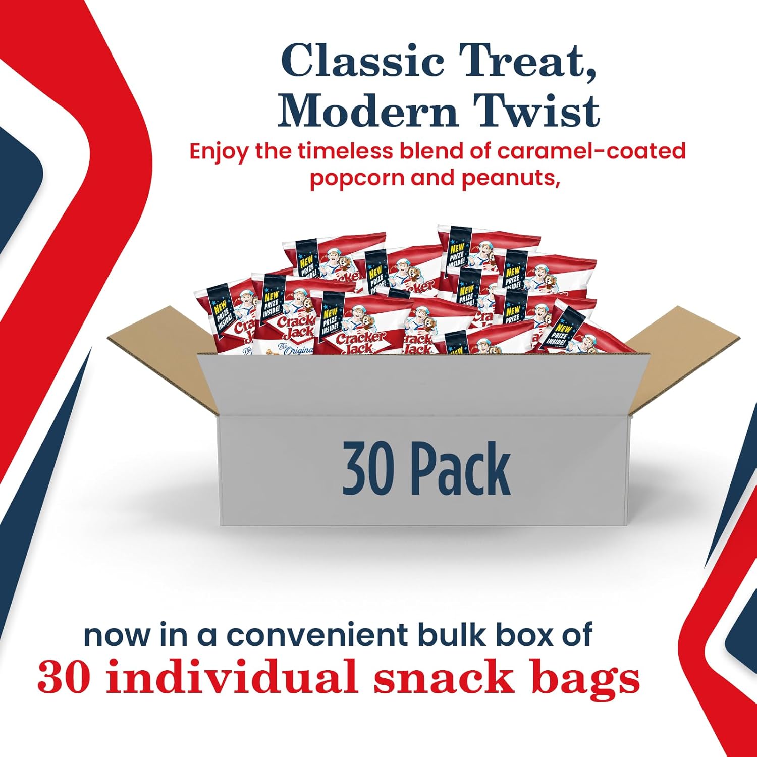 Cracker Jack caramel popcorn and peanuts in bulk 30-pack box of individual snack bags with classic treat modern twist branding.