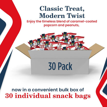 Cracker Jack caramel popcorn and peanuts in bulk 30-pack box of individual snack bags with classic treat modern twist branding.