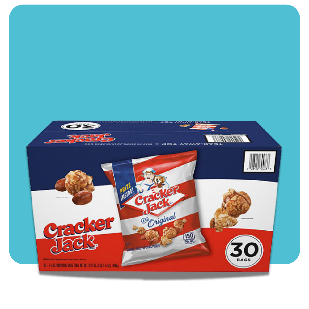 Cracker Jack 30-pack box with caramel popcorn and peanuts in individual snack bags.