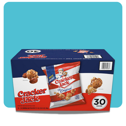 Cracker Jack 30-pack box with caramel popcorn and peanuts in individual snack bags.