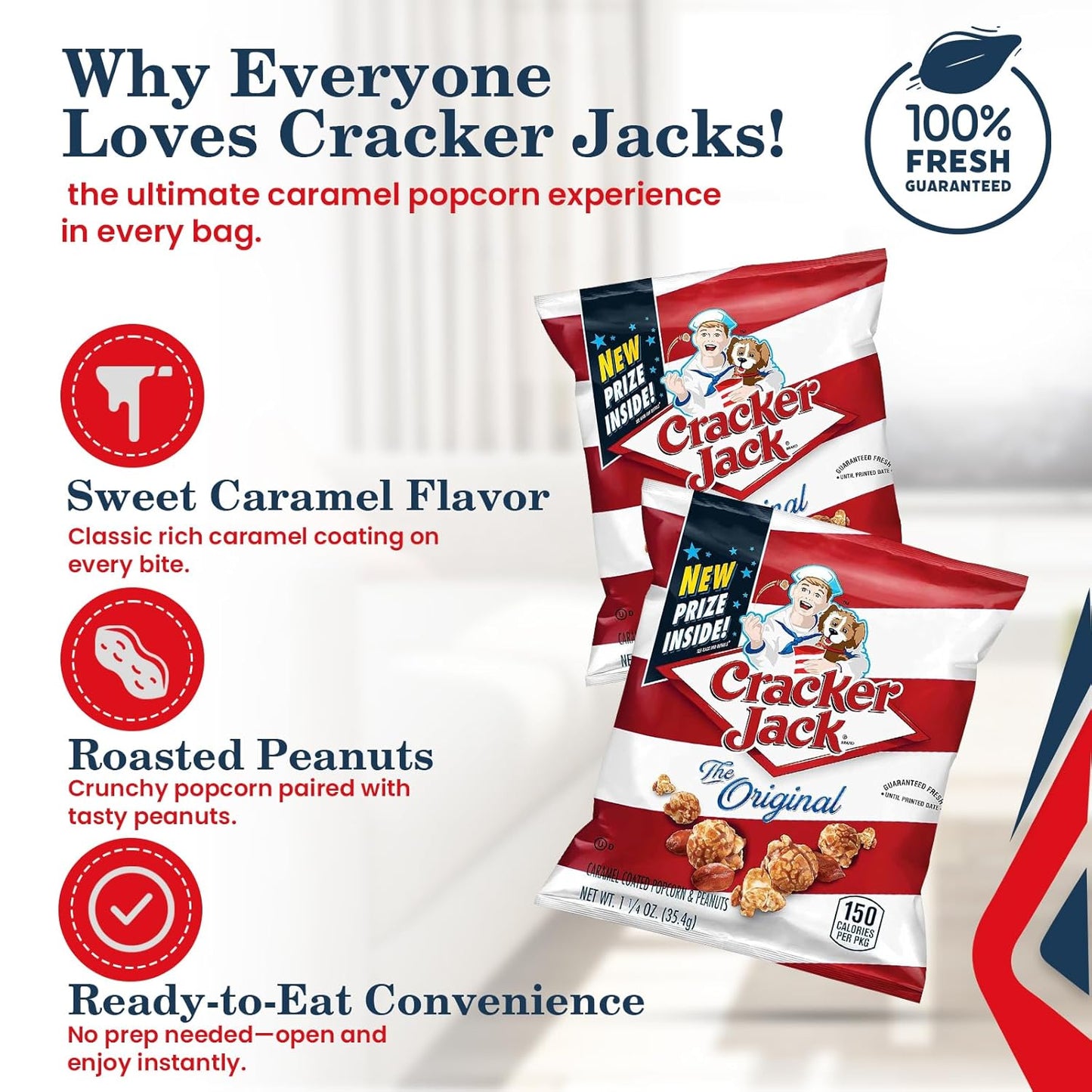 Cracker Jack caramel popcorn and peanuts snack pack highlighting sweet caramel flavor, roasted peanuts, and ready-to-eat convenience.