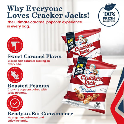 Cracker Jack caramel popcorn and peanuts snack pack highlighting sweet caramel flavor, roasted peanuts, and ready-to-eat convenience.