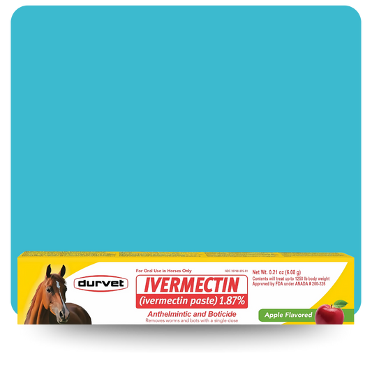 Durvet Ivermectin 1.87% Apple Flavored Horse Dewormer Paste – 6.08g syringe box front showing equine anthelmintic packaging with red apple graphic and parasite treatment label.