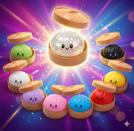 Mystery Squishy Dumpling blind box bao bun stress relief fidget toy in steamer basket packaging