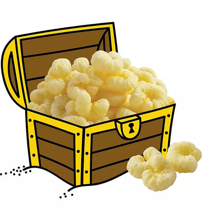Pirate’s Booty aged white cheddar cheese puffs overflowing from a treasure chest.