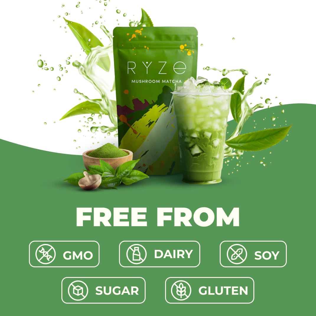 RYZE Mushroom Matcha is free from gluten, dairy, added sugar, soy, and artificial additives