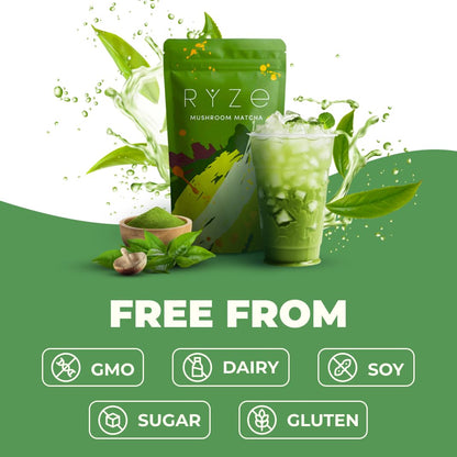 RYZE Mushroom Matcha is free from gluten, dairy, added sugar, soy, and artificial additives