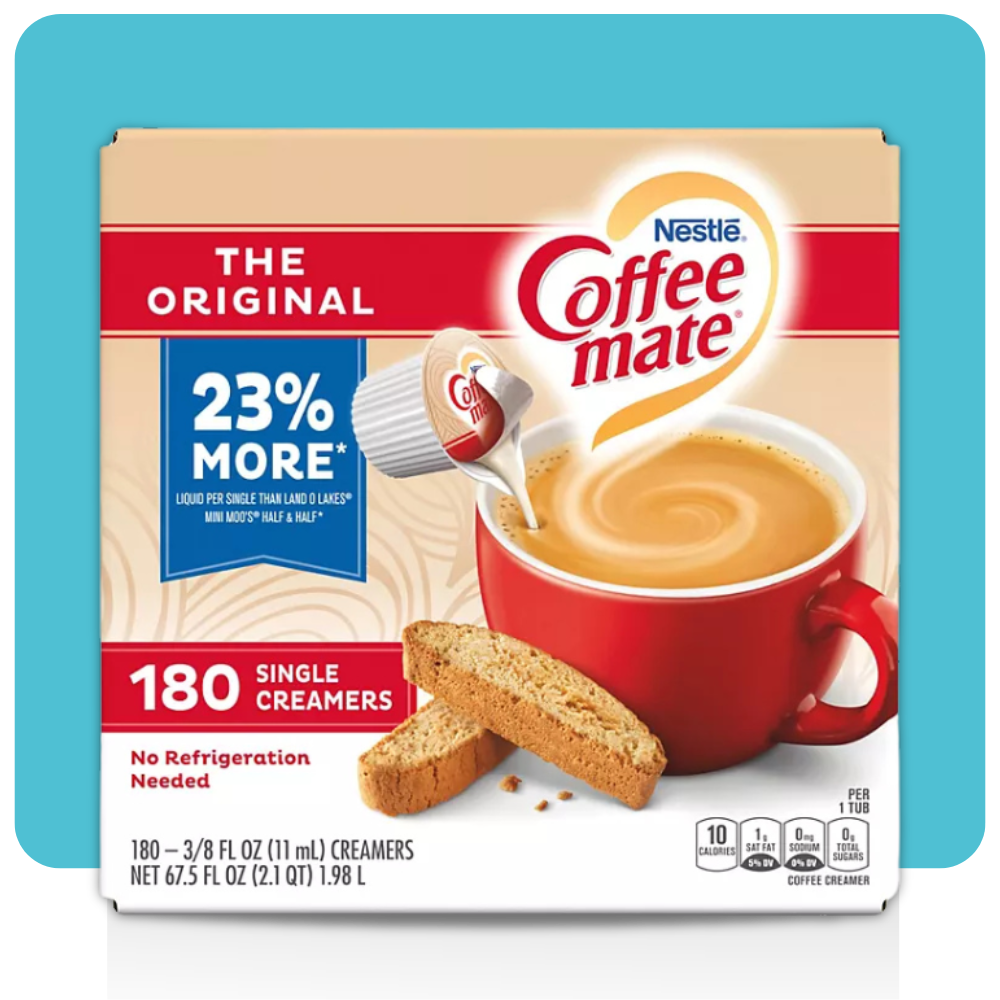 "Nestle Coffee-Mate Original non-dairy liquid coffee creamer 180-count box with shelf-stable single-serve cups and biscotti beside creamy coffee."