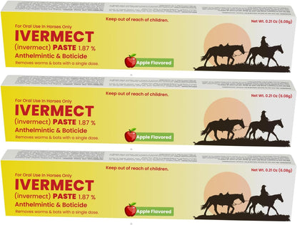 Ivermectin Paste 1.87% Apple Flavored 6.08g – Horse Dewormer for Parasite Control – Safe for Foals, Broodmares, Breeding Stallions – Removes Worms & Bots - Pack of 3