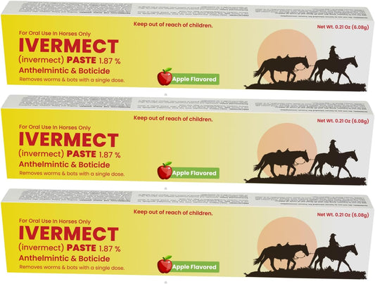 Ivermectin Paste 1.87% Apple Flavored 6.08g – Horse Dewormer for Parasite Control – Safe for Foals, Broodmares, Breeding Stallions – Removes Worms & Bots - Pack of 3