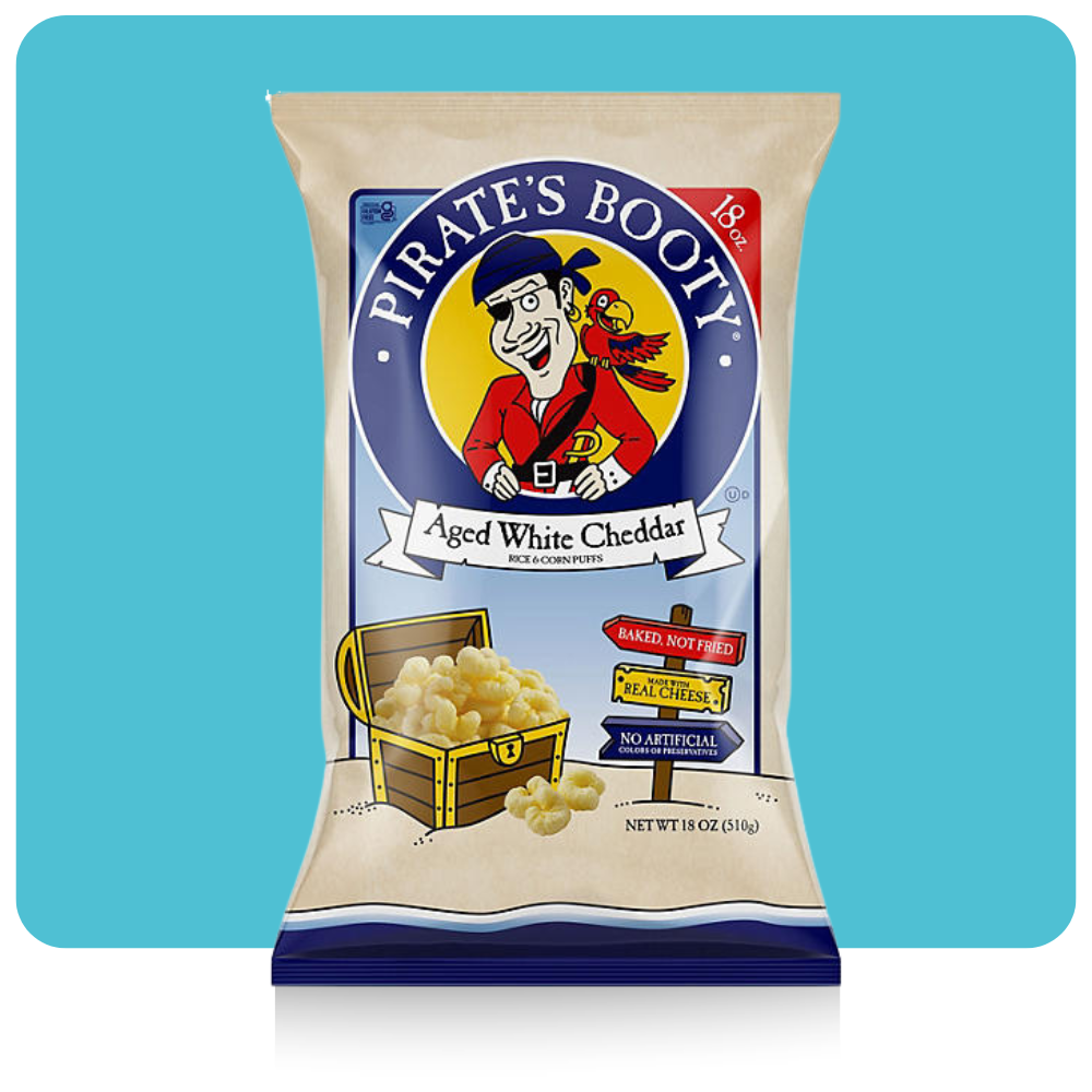 "Pirate’s Booty Aged White Cheddar Cheese Puffs 18oz family-size gluten-free baked snack bag."