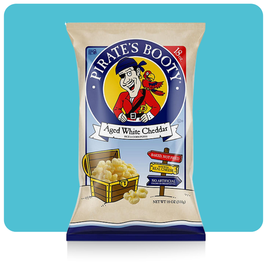 "Pirate’s Booty Aged White Cheddar Cheese Puffs 18oz family-size gluten-free baked snack bag."