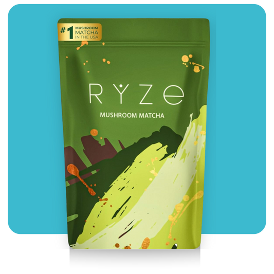 RYZE Mushroom Matcha pouch with organic adaptogenic mushroom blend and matcha powder