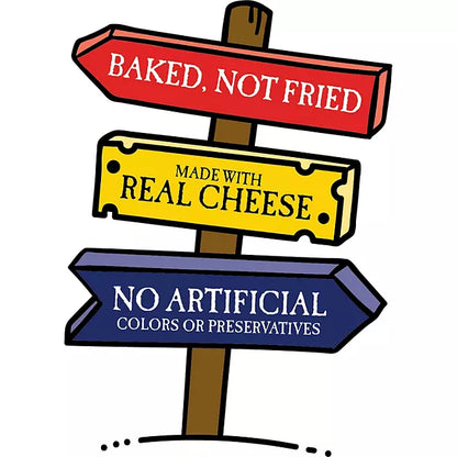 Pirate’s Booty sign graphic with baked not fried, real cheese, and no artificial preservatives claims.