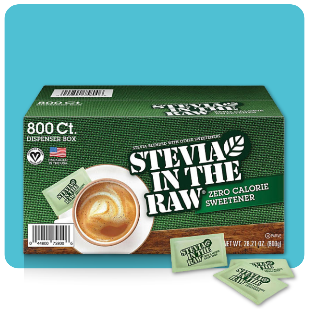 "Stevia In The Raw zero-calorie sweetener 800-count dispenser box with coffee cup"