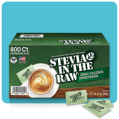 "Stevia In The Raw zero-calorie sweetener 800-count dispenser box with coffee cup"