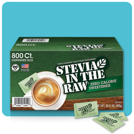"Stevia In The Raw zero-calorie sweetener 800-count dispenser box with coffee cup"