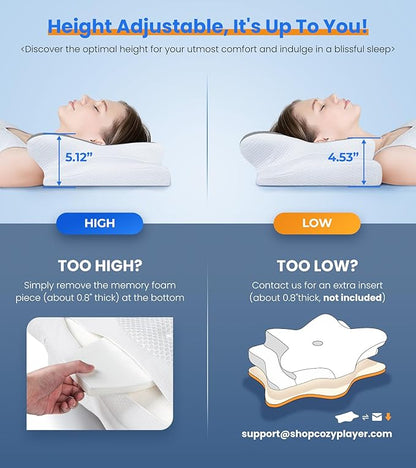 Height-adjustable cervical pillow with customizable memory foam insert for personalized neck support and comfort.

