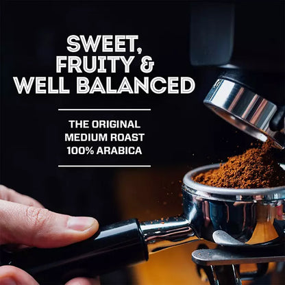 Ground Arabica coffee with sweet, fruity, well-balanced roast profile