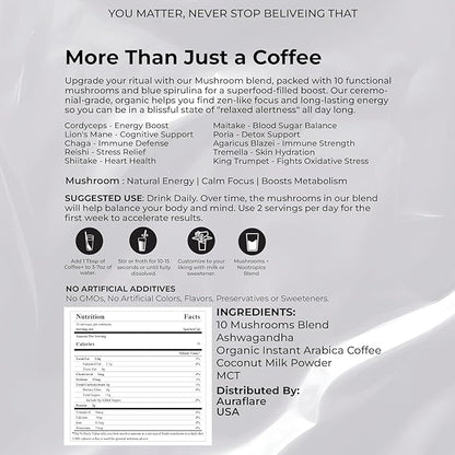 "AuraFlare Mushroom Coffee with 10 functional mushrooms, Ashwagandha, MCT, and Arabica for energy, focus, and metabolism"