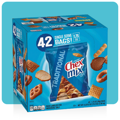 Chex Mix Traditional Snack Mix 42-count box with individual 1.75 oz bags
