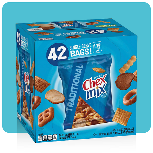 Chex Mix Traditional Snack Mix 42-count box with individual 1.75 oz bags
