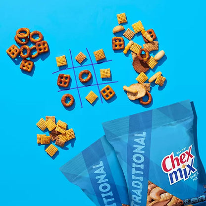 Chex Mix Traditional snack pieces arranged playfully on a bright blue background

