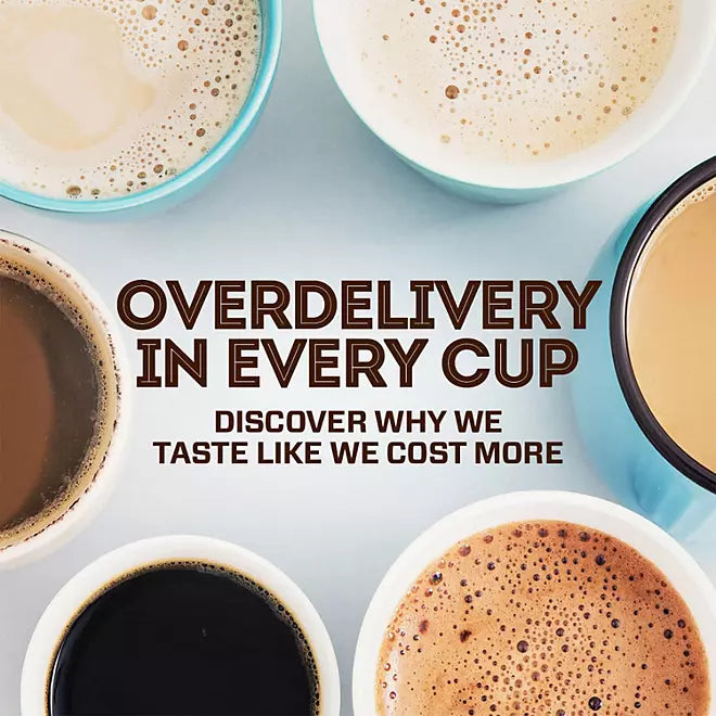 Multiple coffee cups with bold message about rich flavor and value

