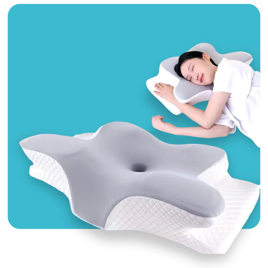 Woman sleeping on ergonomic cervical pillow with butterfly design for neck and shoulder support.

