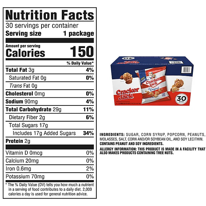 Cracker Jack caramel popcorn and peanuts nutrition facts label with ingredients and allergy information alongside product box image
