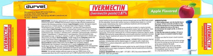 Durvet Ivermectin Paste 1.87% Apple Flavored Horse Dewormer – 6.08g packaging with dosage chart, administration instructions, active ingredients, parasite treatment spectrum, and syringe illustration for equine internal parasite control.
