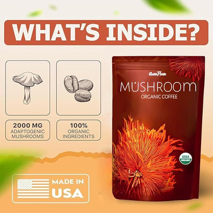 Earth Flora Mushroom Organic Coffee with 2000mg adaptogenic mushrooms, 100% organic ingredients, made in the USA
