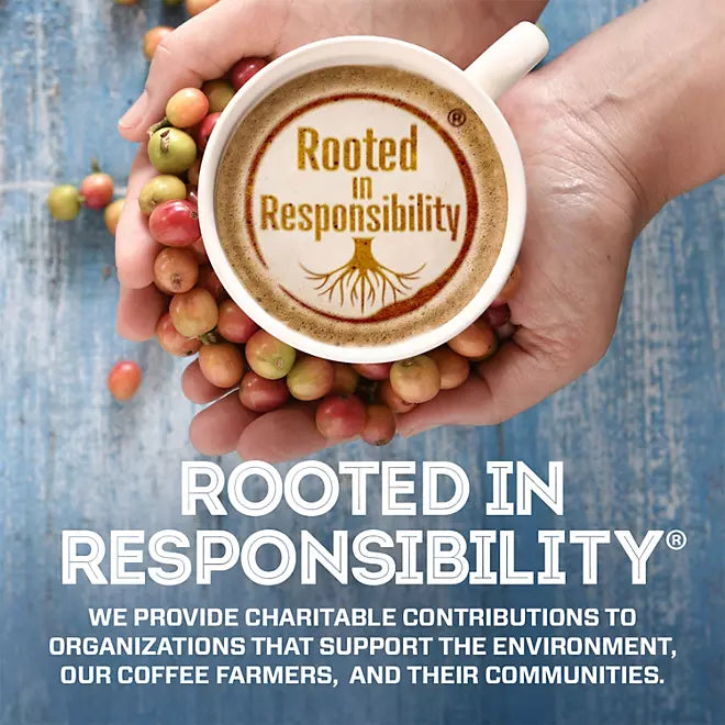 Rooted in Responsibility coffee sustainability and community support message

