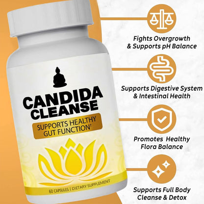 Candida Cleanse supplement highlighting gut health, flora balance, and detox support


