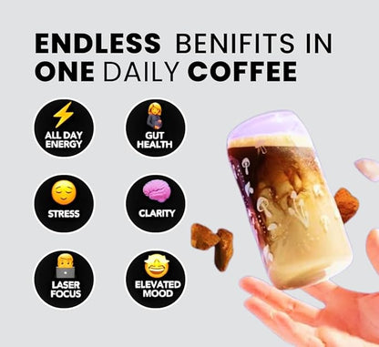 "Everyday Dose Mushroom Coffee packaging highlighting benefits for energy, gut health, stress relief, and focus"