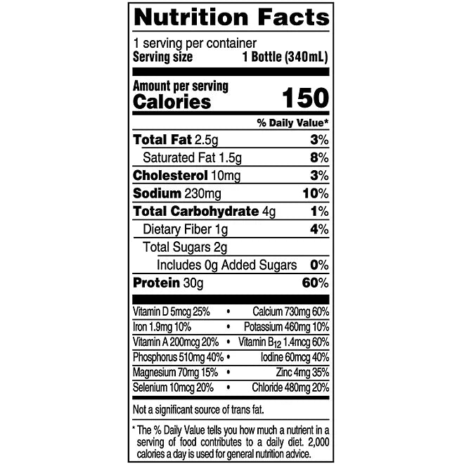 Ingredients label of Fairlife Chocolate Protein Shake – ultra-filtered milk, lactose-free, gluten-free