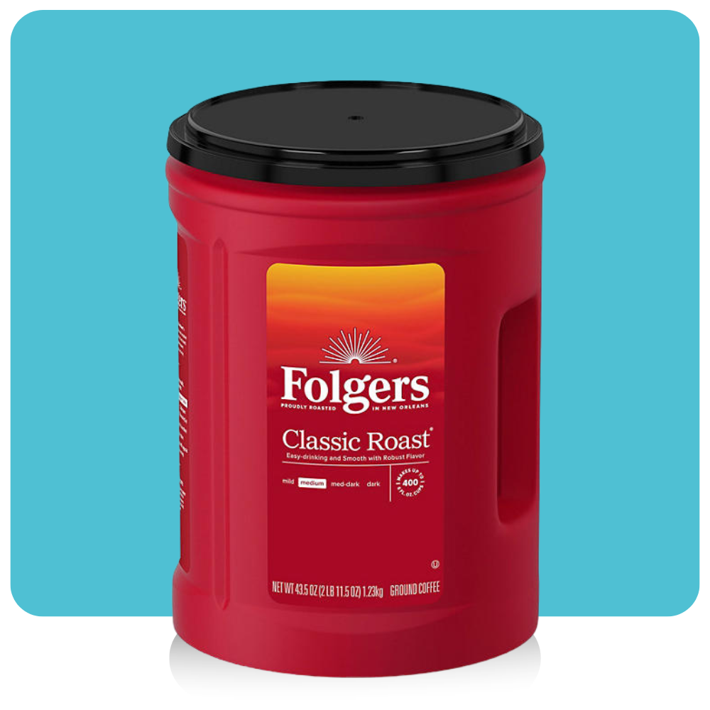 Folgers Classic Roast Ground Coffee 43.5 oz canister with red packaging and black lid, medium roast label visible

