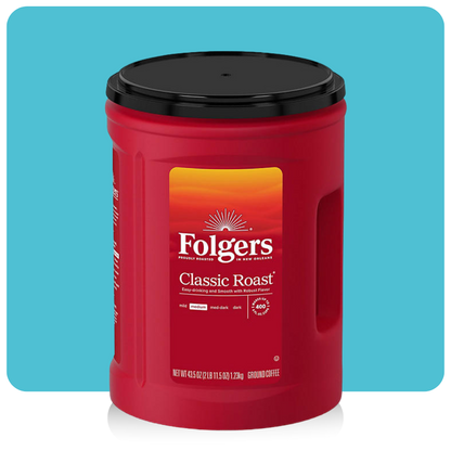 Folgers Classic Roast Ground Coffee 43.5 oz canister with red packaging and black lid, medium roast label visible

