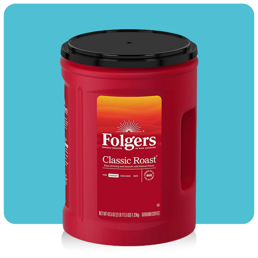 Folgers Classic Roast Ground Coffee 43.5 oz canister with red packaging and black lid, medium roast label visible

