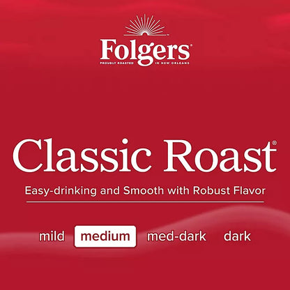 Folgers Classic Roast medium roast label with tagline ‘Easy-drinking and Smooth with Robust Flavor’ on red background

