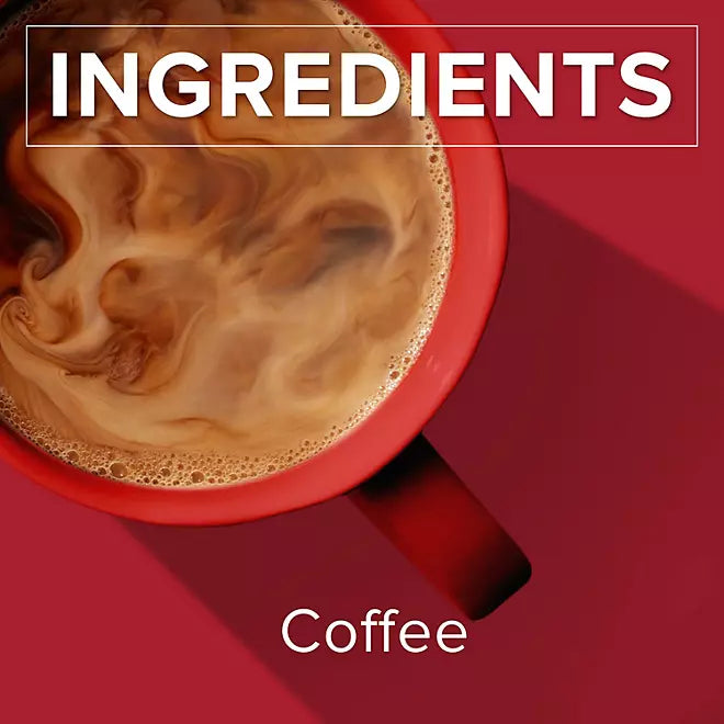 Cup of swirling brewed coffee with text showing single ingredient: coffee

