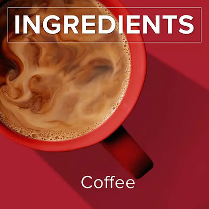 Cup of swirling brewed coffee with text showing single ingredient: coffee

