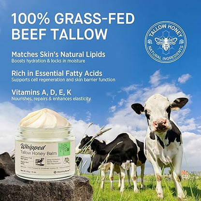 Whipped tallow honey balm jar displayed in a pasture with grass-fed cows, highlighting benefits of beef tallow like hydration, fatty acids, and skin-nourishing vitamins.

