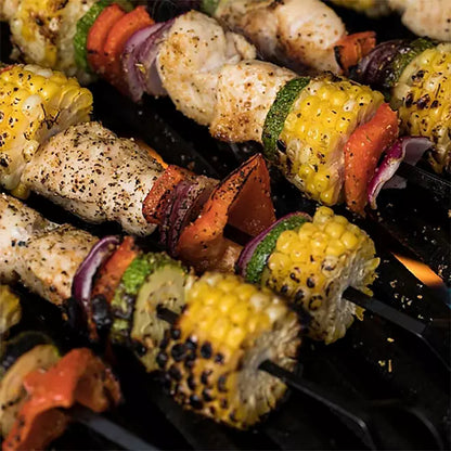 Grilled chicken and veggie skewers seasoned with Montreal Chicken blend

