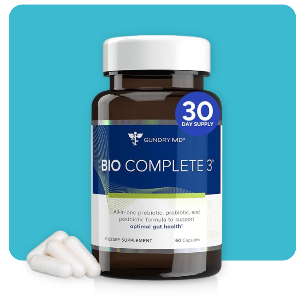 Bio Complete 3 bottle with 30-day supply label, featuring Gundry MD probiotic and gut health support supplement.

