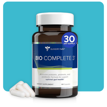 Bio Complete 3 bottle with 30-day supply label, featuring Gundry MD probiotic and gut health support supplement.

