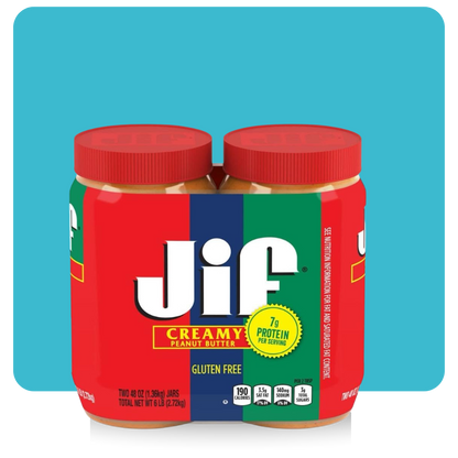 Two 40oz jars of Jif Natural Creamy Peanut Butter with gluten-free label and 7g protein per serving

