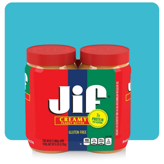 Two 40oz jars of Jif Natural Creamy Peanut Butter with gluten-free label and 7g protein per serving

